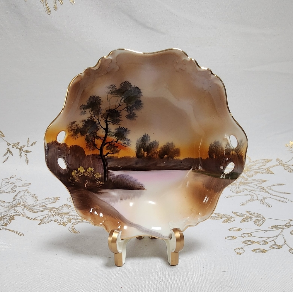 Noritake Japan Vintage Handled Scalloped Bowl - Handpainted Tree In Sunset